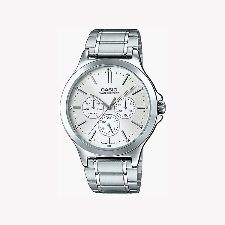 CASIO MTP-V300D-7AUDF - BOLD ELEGANCE MEN'S WATCH WITH SILVER STAINLESS STEEL BAND AND WHITE DIAL