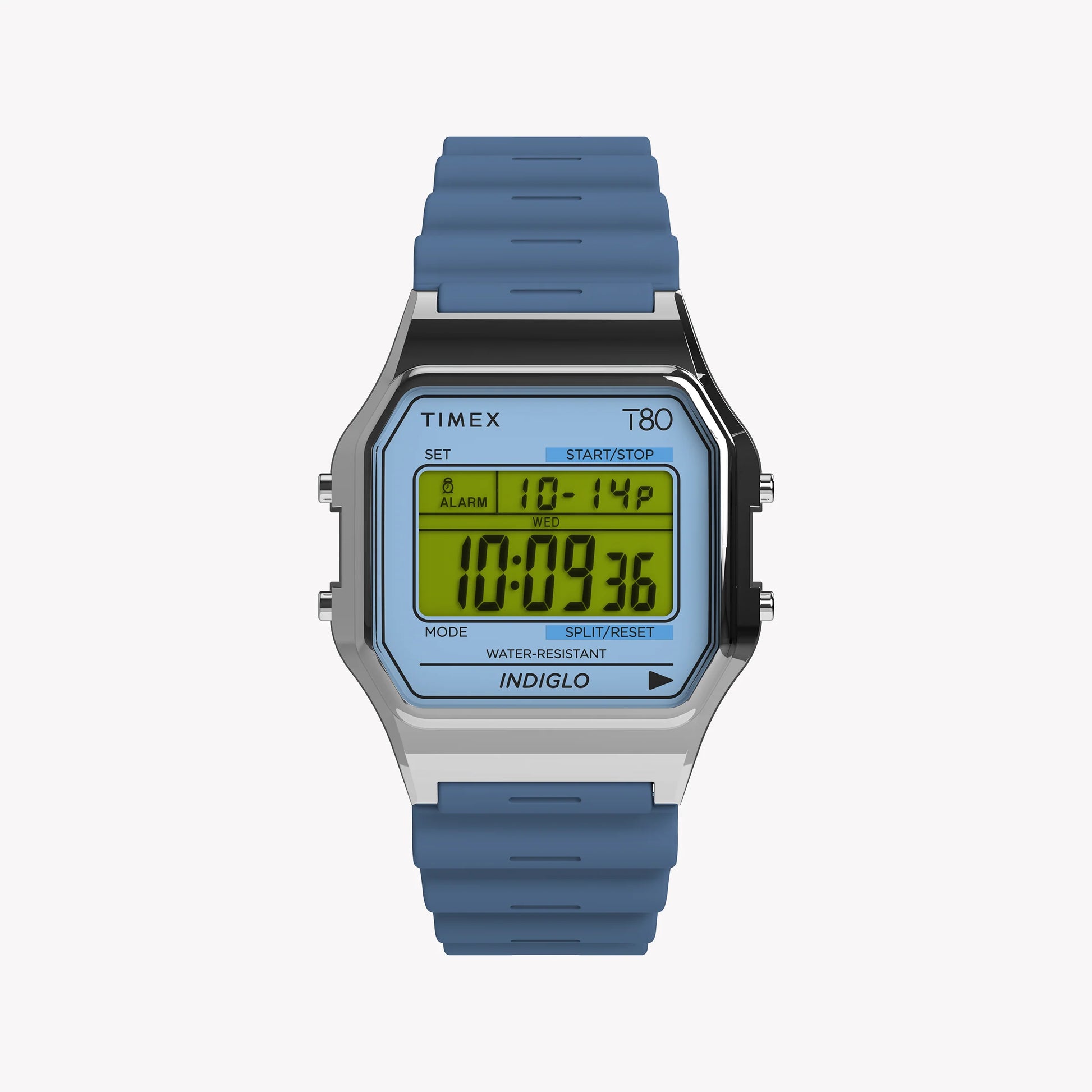 TIMEX T80 SILVER TONE BLUE LENS RETRO CHRONOGRAPH WITH INDIGLO LIGHT