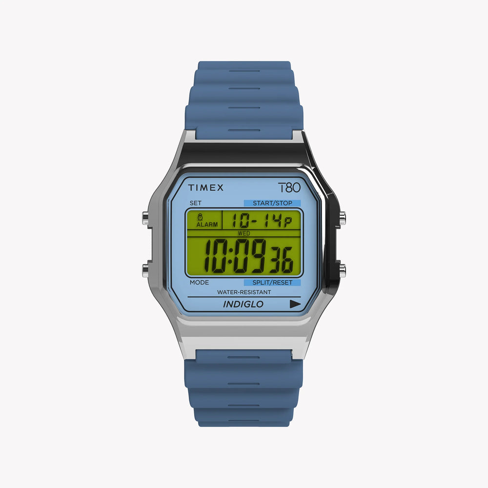 TIMEX T80 SILVER TONE BLUE LENS - RETRO CHRONOGRAPH WITH INDIGLO LIGHT