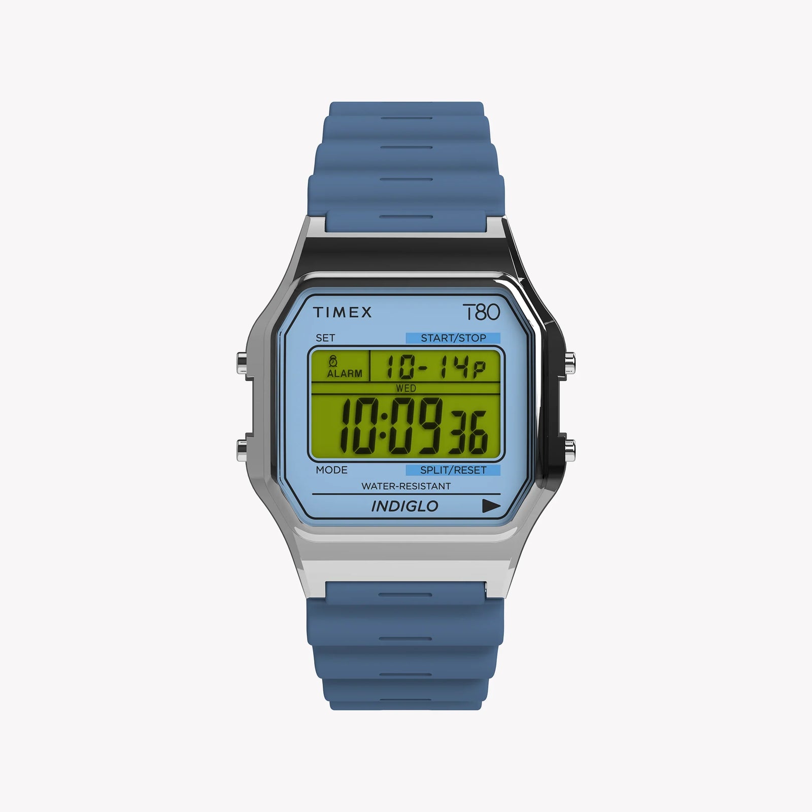 TIMEX T80 SILVER TONE BLUE LENS - RETRO CHRONOGRAPH WITH INDIGLO LIGHT