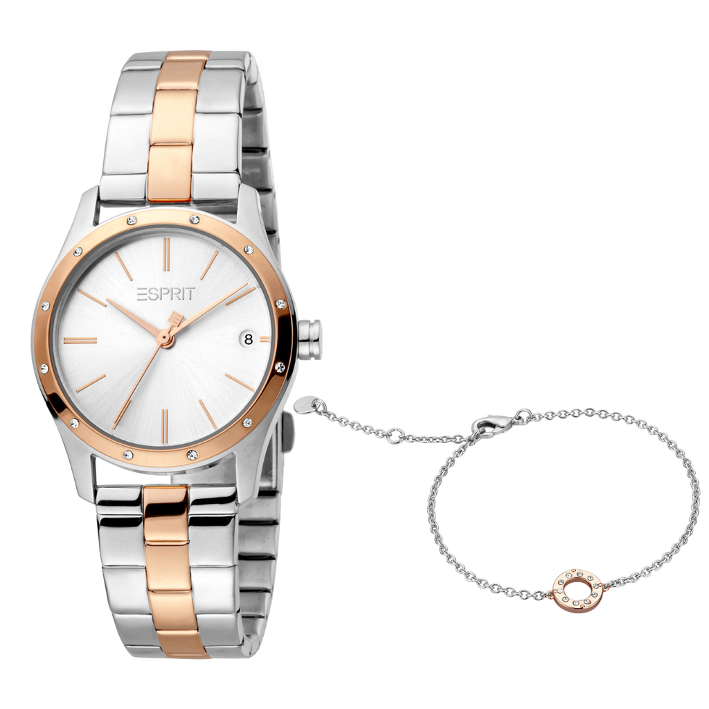 ESPRIT Women's Watch with Silver Stainless Steel Case and Silver & Rose Gold Stainless Steel Band