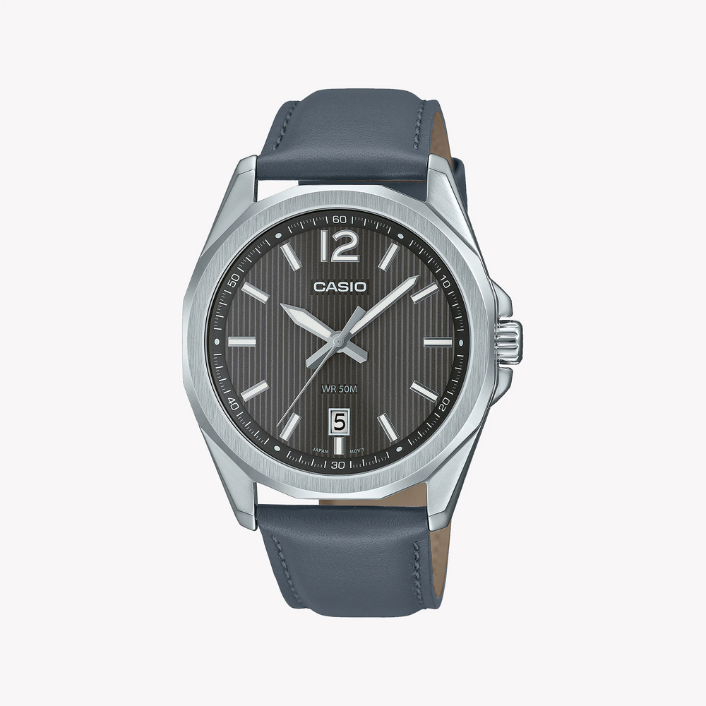 Casio Mtp-E725l-8avdf - Timeless Elegance Men's Watch With Gray Leather Band And Silver Stainless Steel Case by i-watch