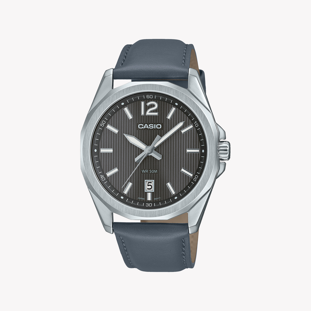 CASIO MTP-E725L-8AVDF - TIMELESS ELEGANCE MEN'S WATCH WITH GRAY LEATHER BAND AND SILVER STAINLESS STEEL CASE