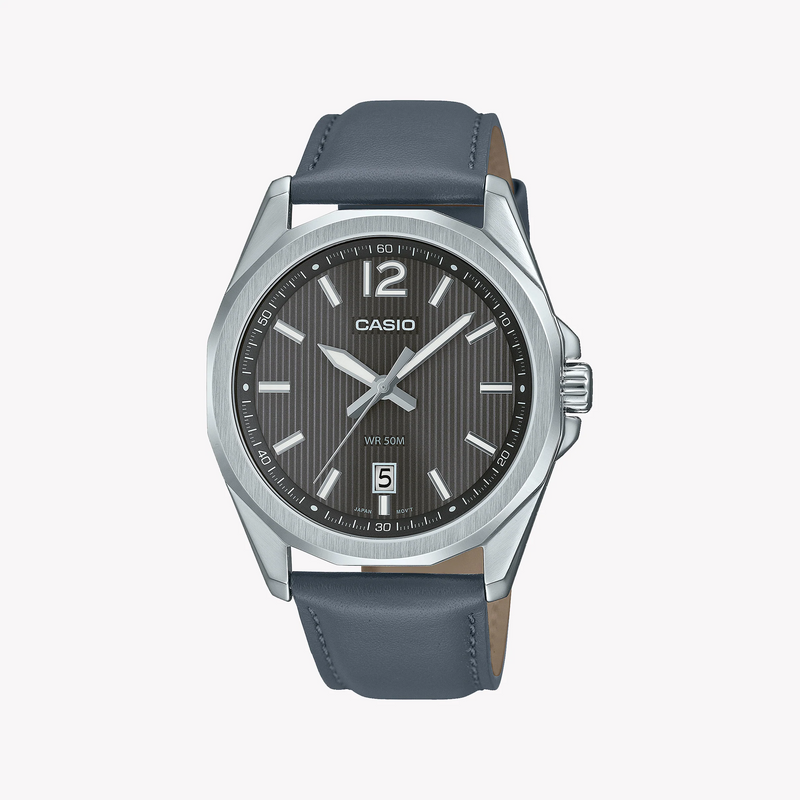 Casio Mtp-E725l-8avdf - Timeless Elegance Men's Watch With Gray Leather Band And Silver Stainless Steel Case by i-watch