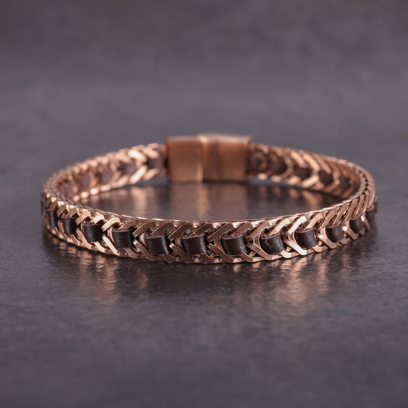 Zink Men's Brown & Rose Gold Stainless Steel & Leather Bracelet | Zjbc037108