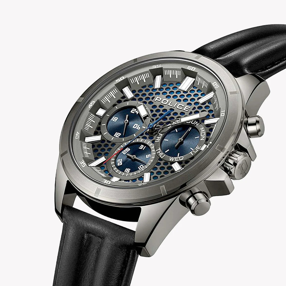 Police Men's Black Leather Watch, Blue & Gun Dial | Pewjf2204102 by i-watch
