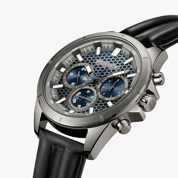Police Men's Black Leather Watch, Blue & Gun Dial | Pewjf2204102 by i-watch