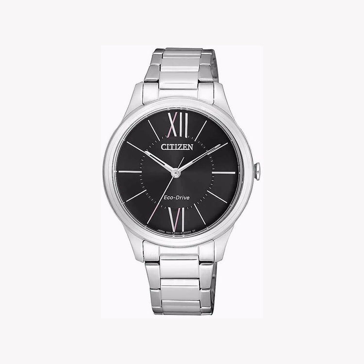 CITIZEN Eco-Drive EM0410-58E - MODERN ELEGANCE - Sustainable Women's Watch with Silver Band & Black Dial