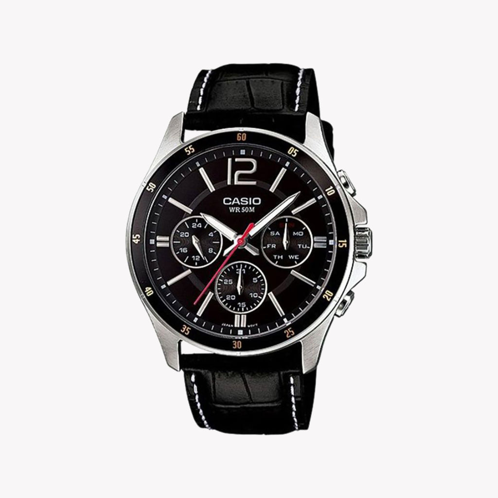 MTP-1374L-1AVDF - TIMELESS ELEGANCE: MEN'S STAINLESS STEEL WATCH WITH LEATHER STRAP