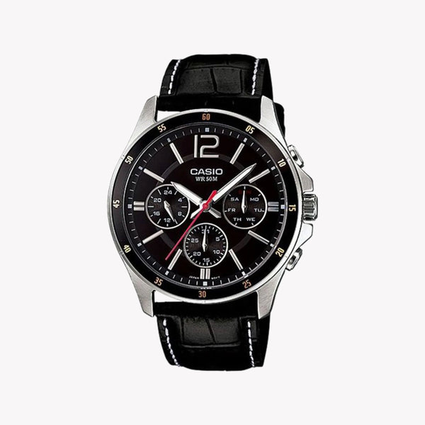 MTP-1374L-1AVDF - TIMELESS ELEGANCE: MEN'S STAINLESS STEEL WATCH WITH LEATHER STRAP