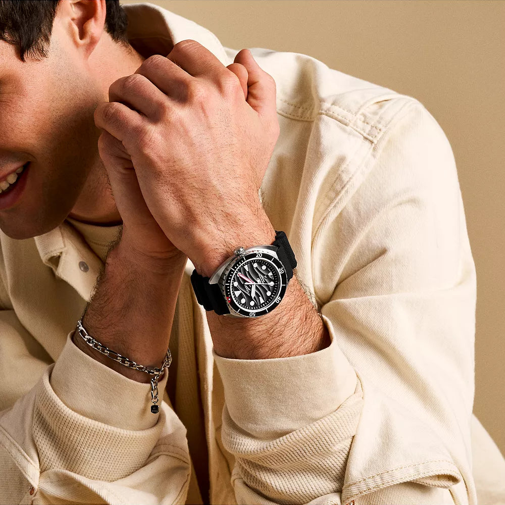 FOSSIL BREAKER THREE - BOLD SILVER MEN’S WATCH WITH BLACK SILICONE BAND & 20 ATM WATER RESISTANCE-i-Watch-4