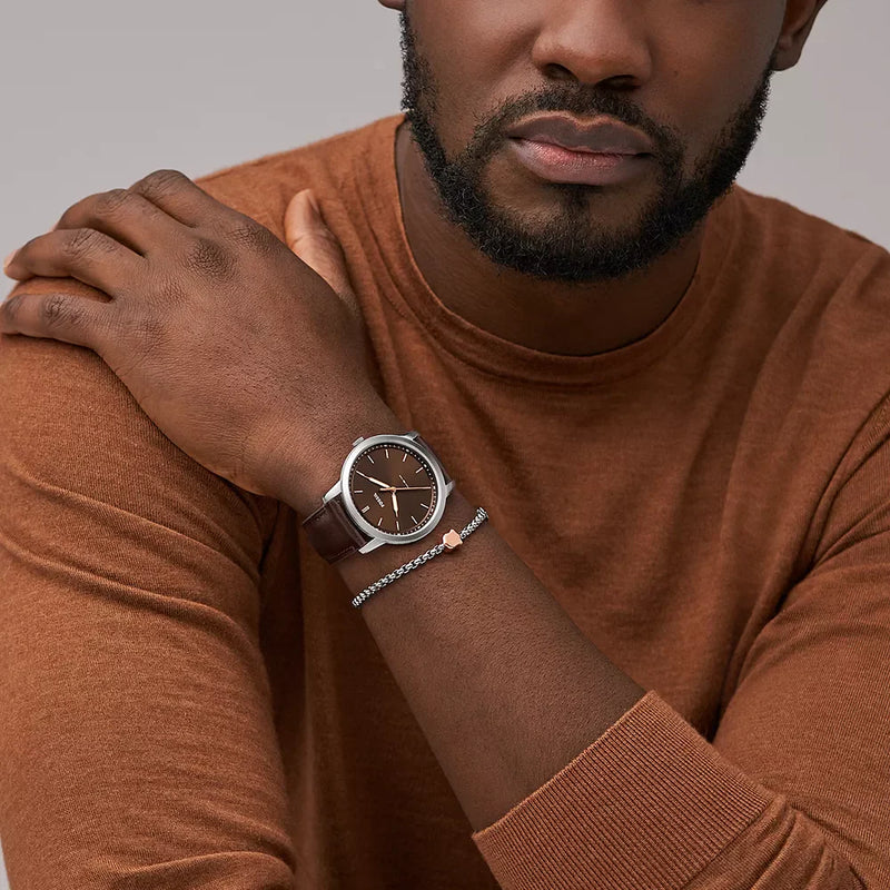 Fossil Men's Brown Leather Watch, Silver Case | Fs6019set by i-watch