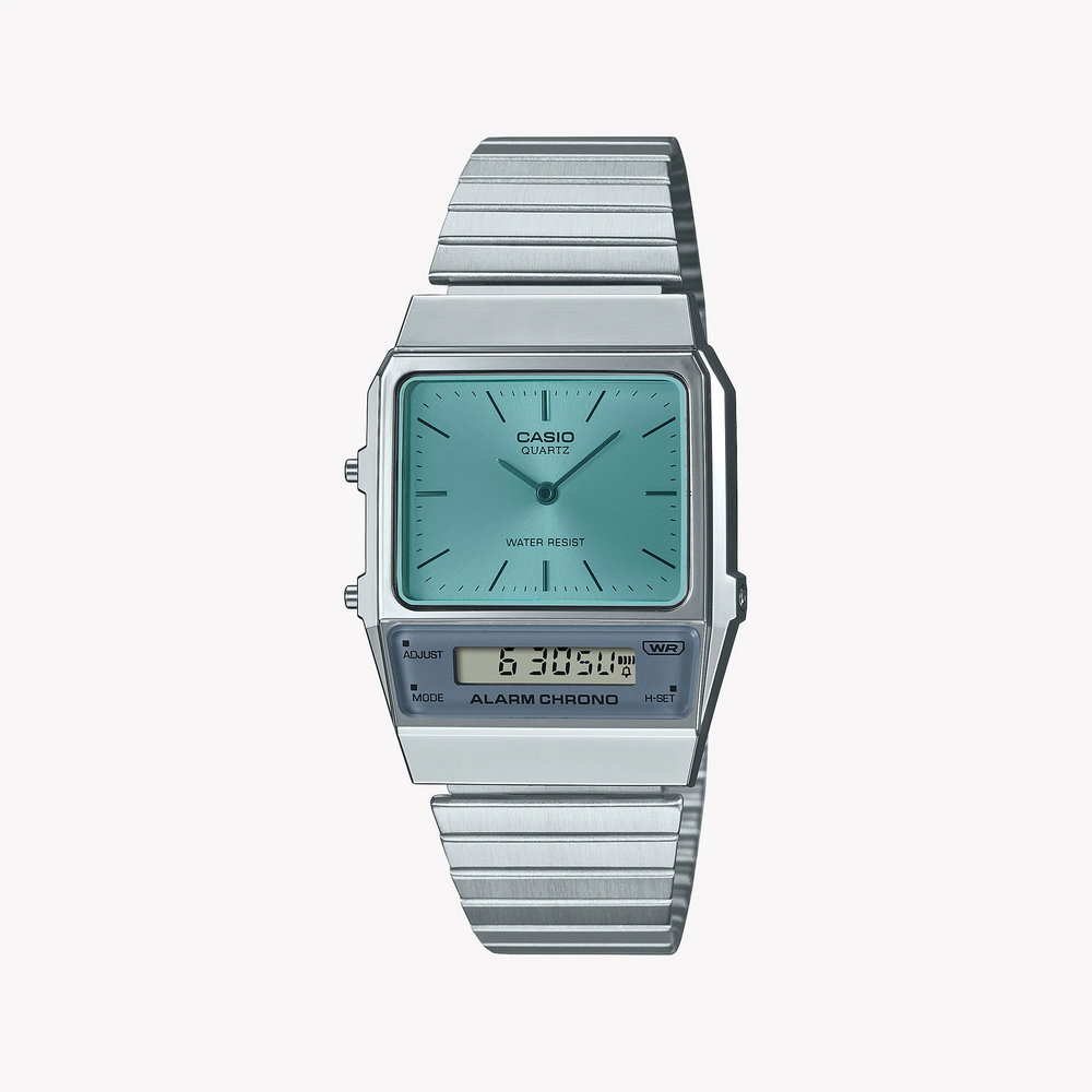 Casio Aq-800ec-2adf Vintage Charm - Retro Dual Dial Unisex Watch With Blue Dial And Silver Stainless Steel Band by i-watch