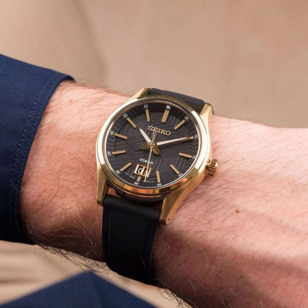 Seiko Men's Gold Watch, Black Dial, Leather Band | Sur560p1 by i-watch