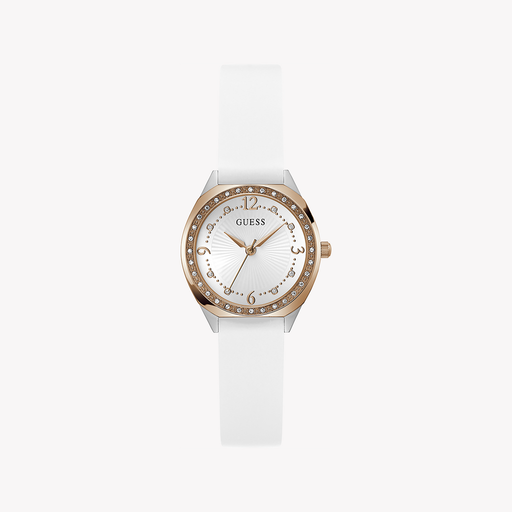 GUESS GW0820L3 ROSE GOLD GLAM - ELEGANT WOMEN'S TIMEPIECE WITH WHITE SILICONE BAND