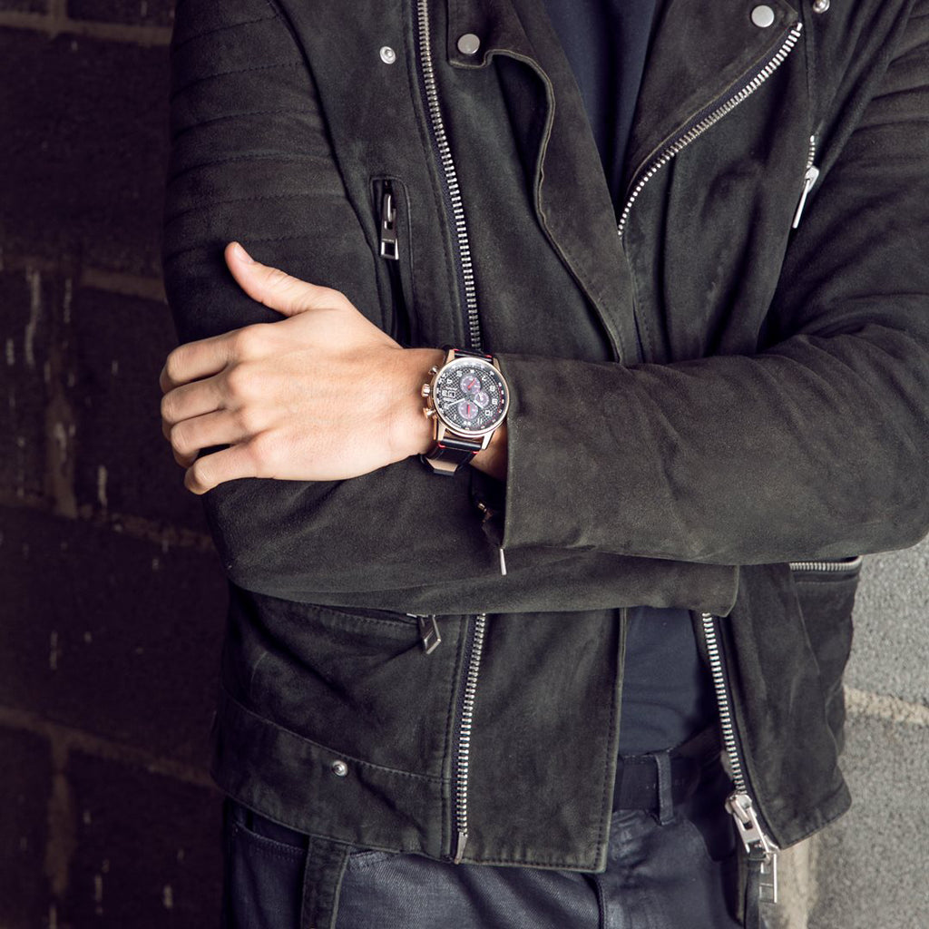 ساعة سيتيزن CA0683-08E - ساعة أنيقة للرجال - ساعة رجالية من الستانلس ستيل باللون الذهبي الوردي والجلد الأسود