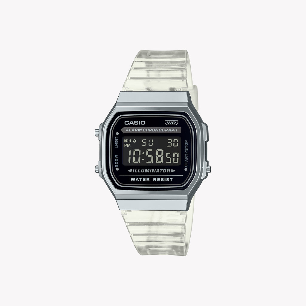 CASIO A168XES-1B BOLD STATEMENT - ELEGANT DIGITAL TIMEPIECE with Chrome Plated Case & White Resin Band