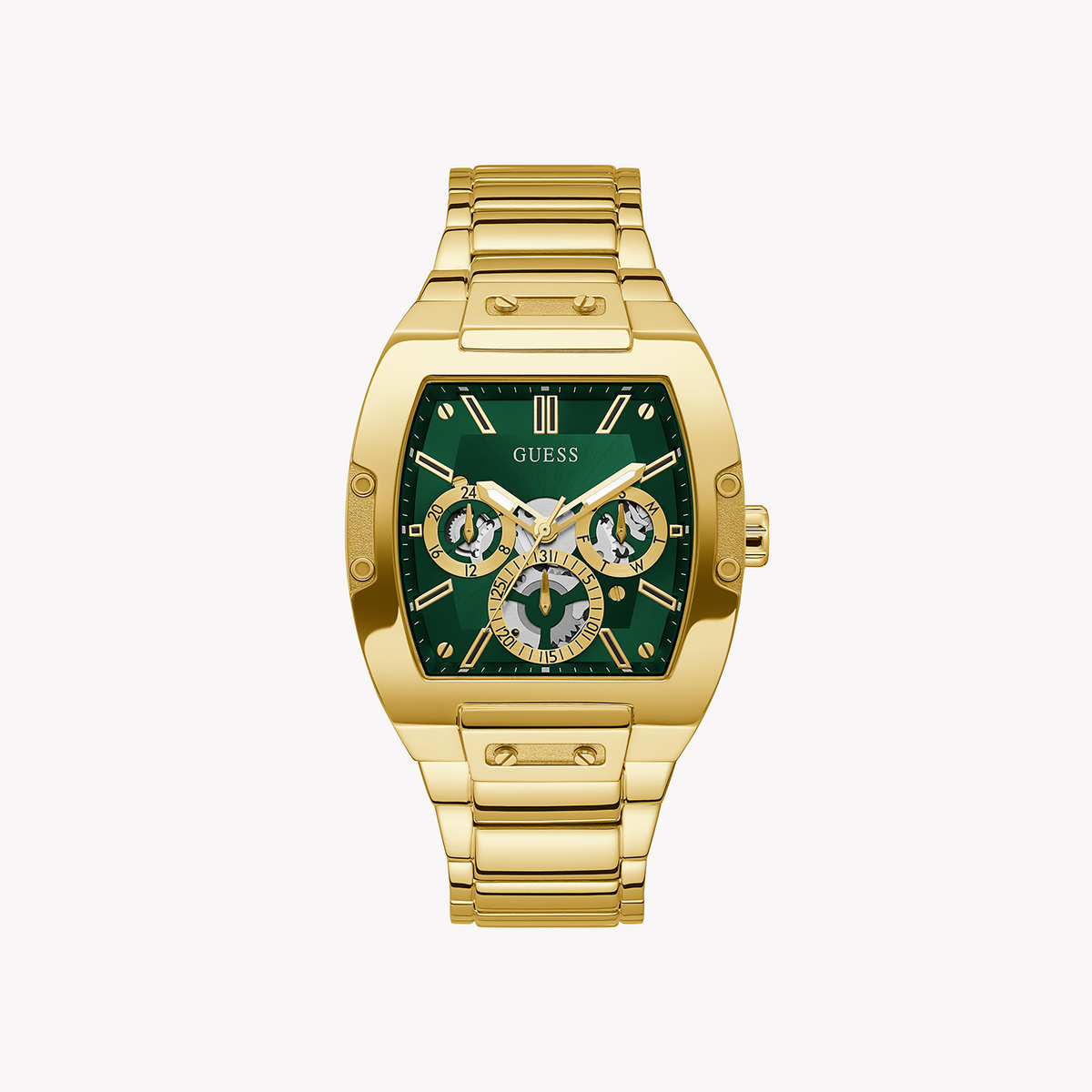 GUESS GW0456G3 GOLDEN GLINT - EYE-CATCHING UNISEX TIMEPIECE WITH GREEN DIAL AND STAINLESS STEEL BAND