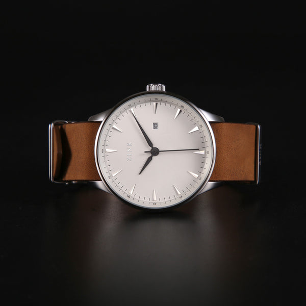 Zink Men's Silver Stainless Steel Watch With Brown Leather Band | Zk127g1ls-12