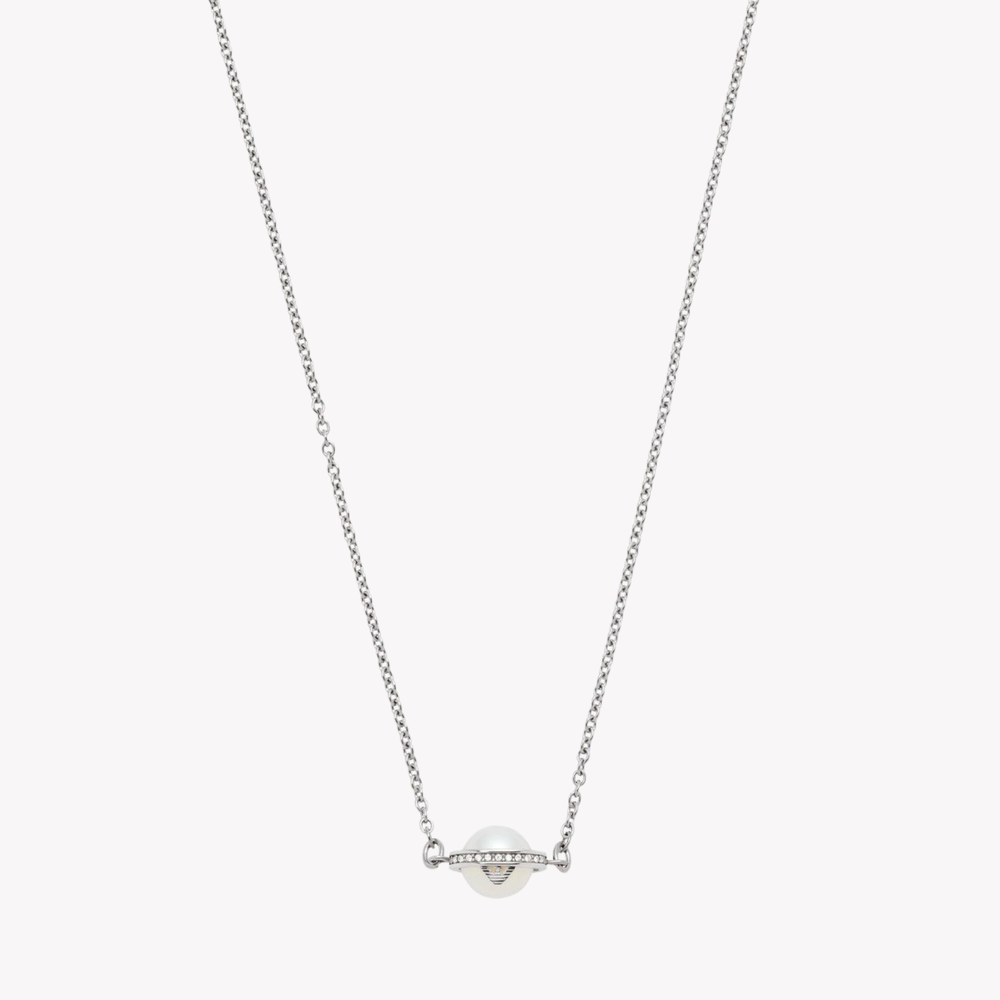 Emporio Armani Women's Silver Necklace, Mother of Pearl & Crystal Logo Pendant | EGS2837040