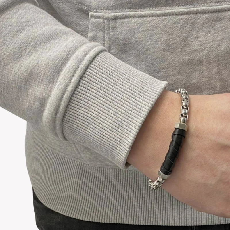 Fossil Men's Silver & Black Bracelet, Black Leather Accents | JF03631040