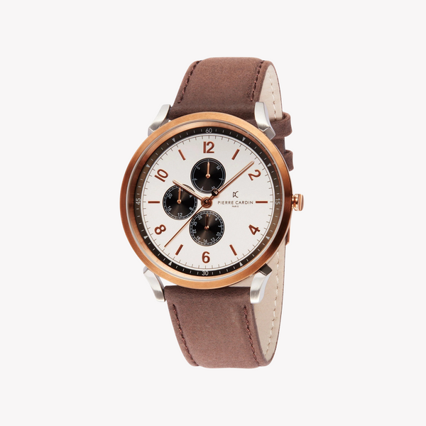 Pierre Cardin Men's Silver & Rose Gold Watch, Brown Leather | Cpi.2022