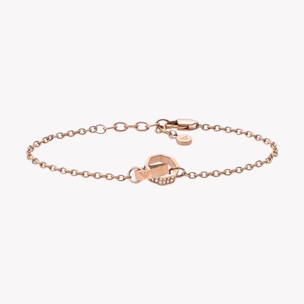 Emporio Armani Women's Rose Gold-Tone Bracelet, Crystal Heart & Logo Charms | EGS2892221