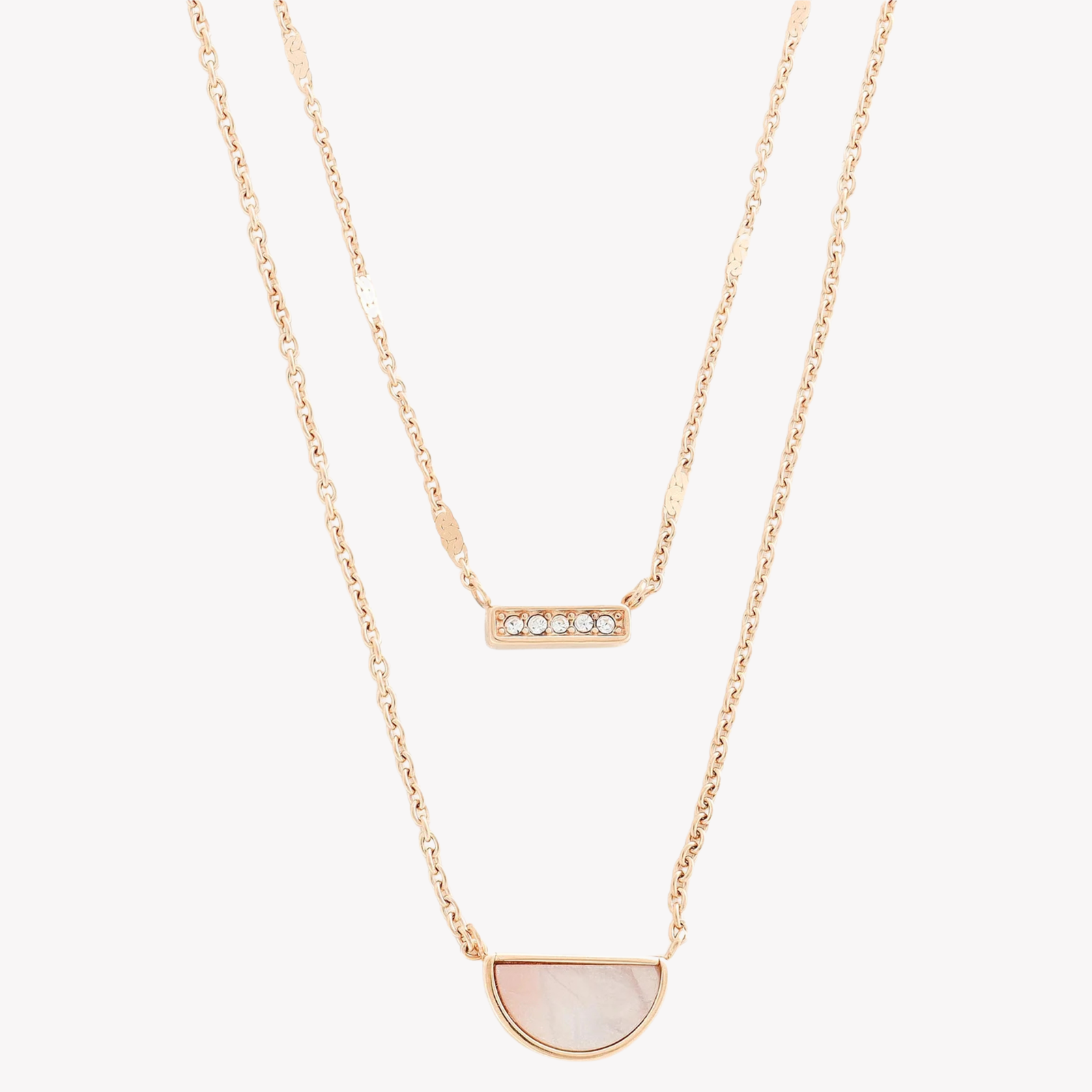 Fossil Women's Rose Gold-Tone Necklace, Pink Mother of Pearl Half Moon & Glitz Bar Pendants | JF03135791