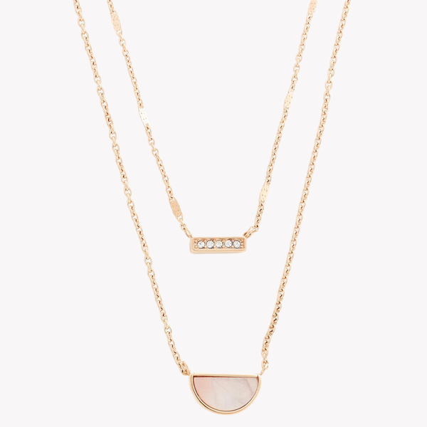 Fossil Women's Rose Gold-Tone Necklace, Pink Mother of Pearl Half Moon & Glitz Bar Pendants | JF03135791