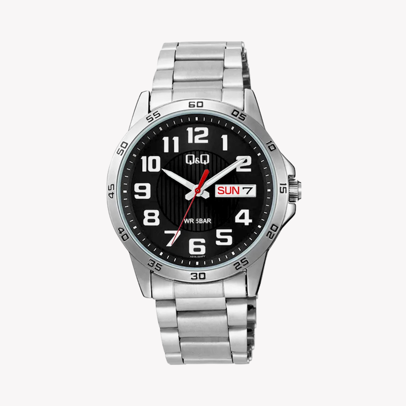 Q&Q Men's Silver Watch, Black Dial | A37A-004PY