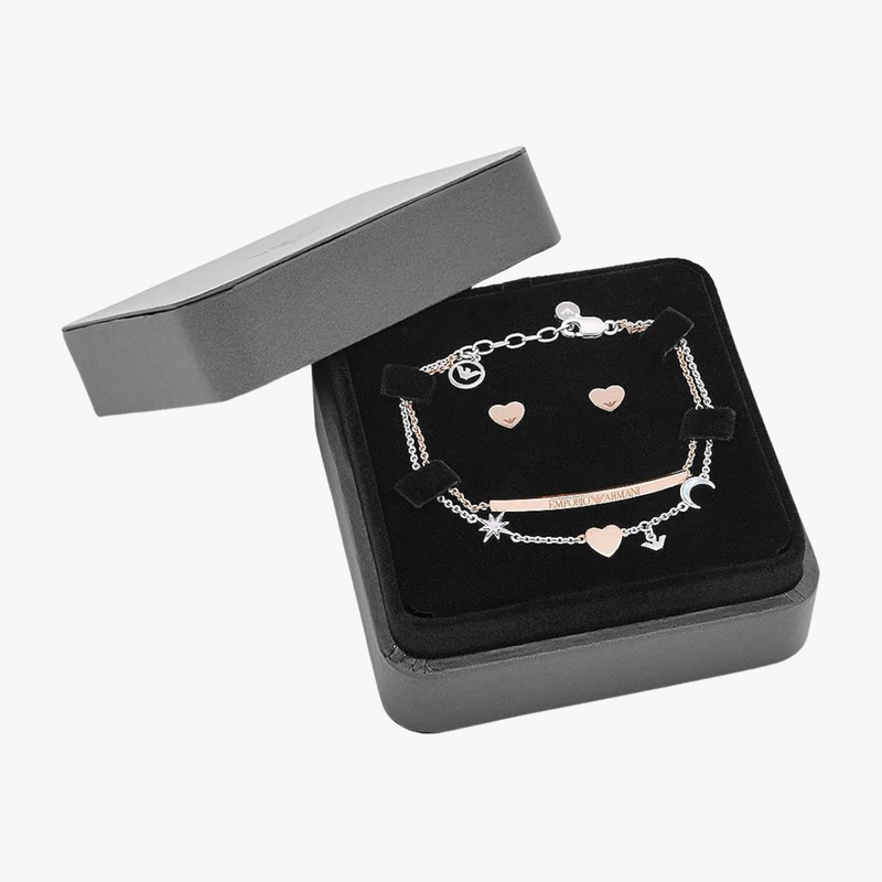 Emporio Armani Women's Silver & Rose Gold Jewelry Set, Mother of Pearl Heart Charms | EG3417221