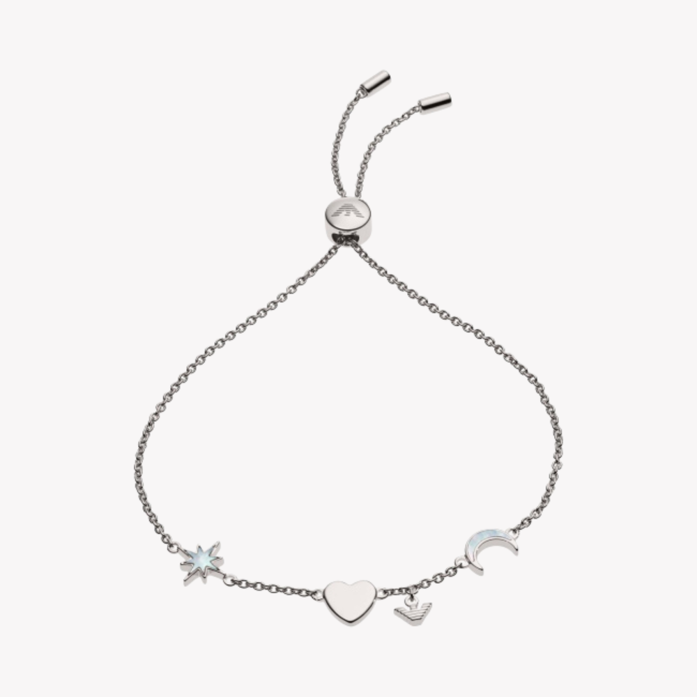Emporio Armani Women's Silver Bracelet, Heart & Logo Charms | EG3389040