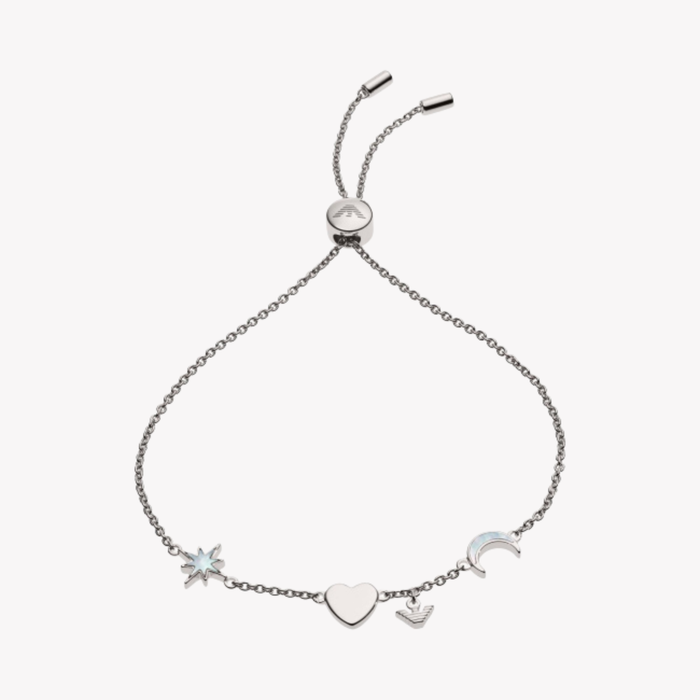 Emporio Armani Women's Silver Bracelet, Heart & Logo Charms | EG3389040