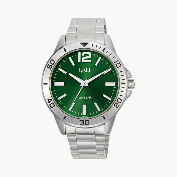 Q&Q Men's Silver Watch, Green Dial | Q28B-011PY