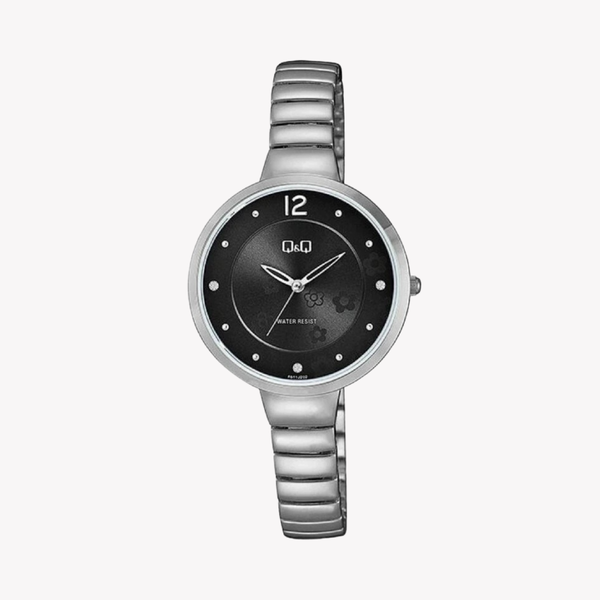 Q&Q Women's Silver Watch, Black Dial | F611J202Y