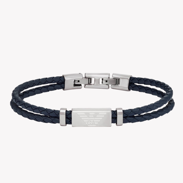 Emporio Armani Men's Silver & Blue Bracelet, Logo Plaque | EGS2995040