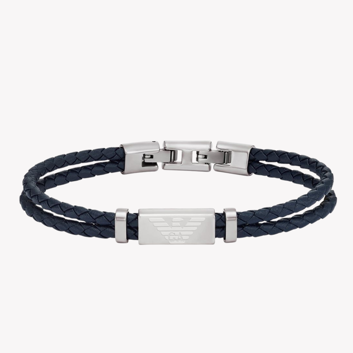 Emporio Armani Men's Silver & Blue Bracelet, Logo Plaque | EGS2995040
