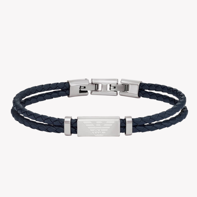 Emporio Armani Men's Silver & Blue Bracelet, Logo Plaque | EGS2995040