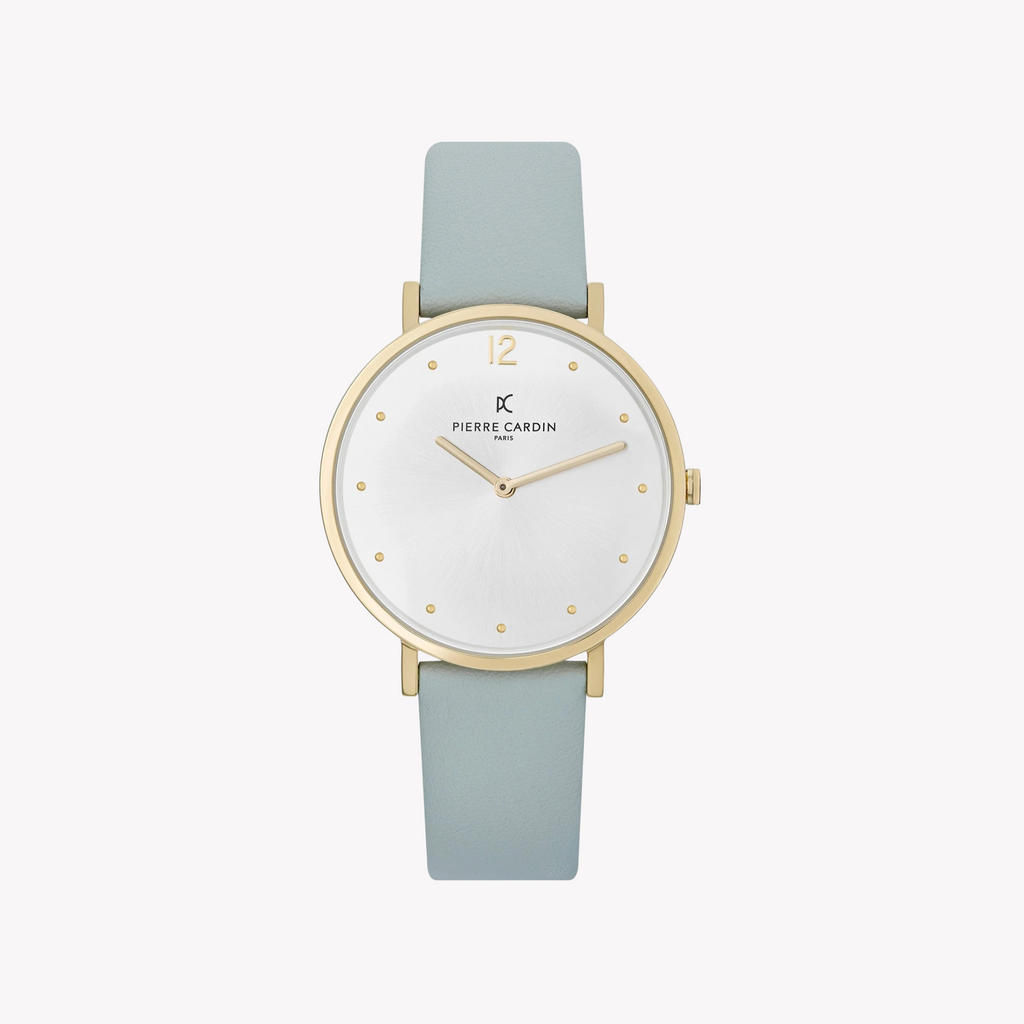 PIERRE CARDIN Damenuhr mit goldenem Edelstahlgehäuse und mintgrünem Lederarmband