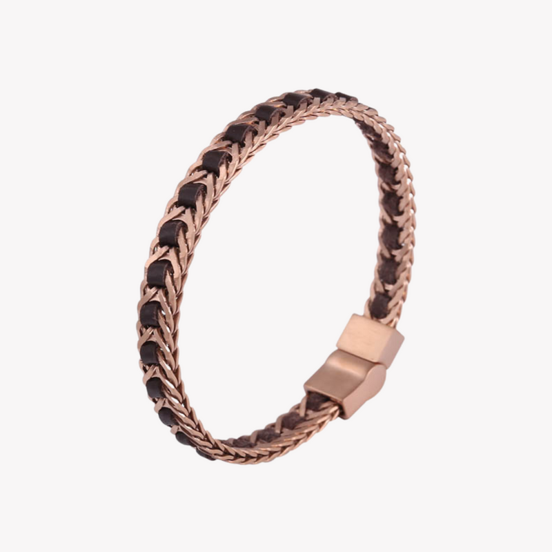 Zink Men's Brown & Rose Gold Stainless Steel & Leather Bracelet | Zjbc037108