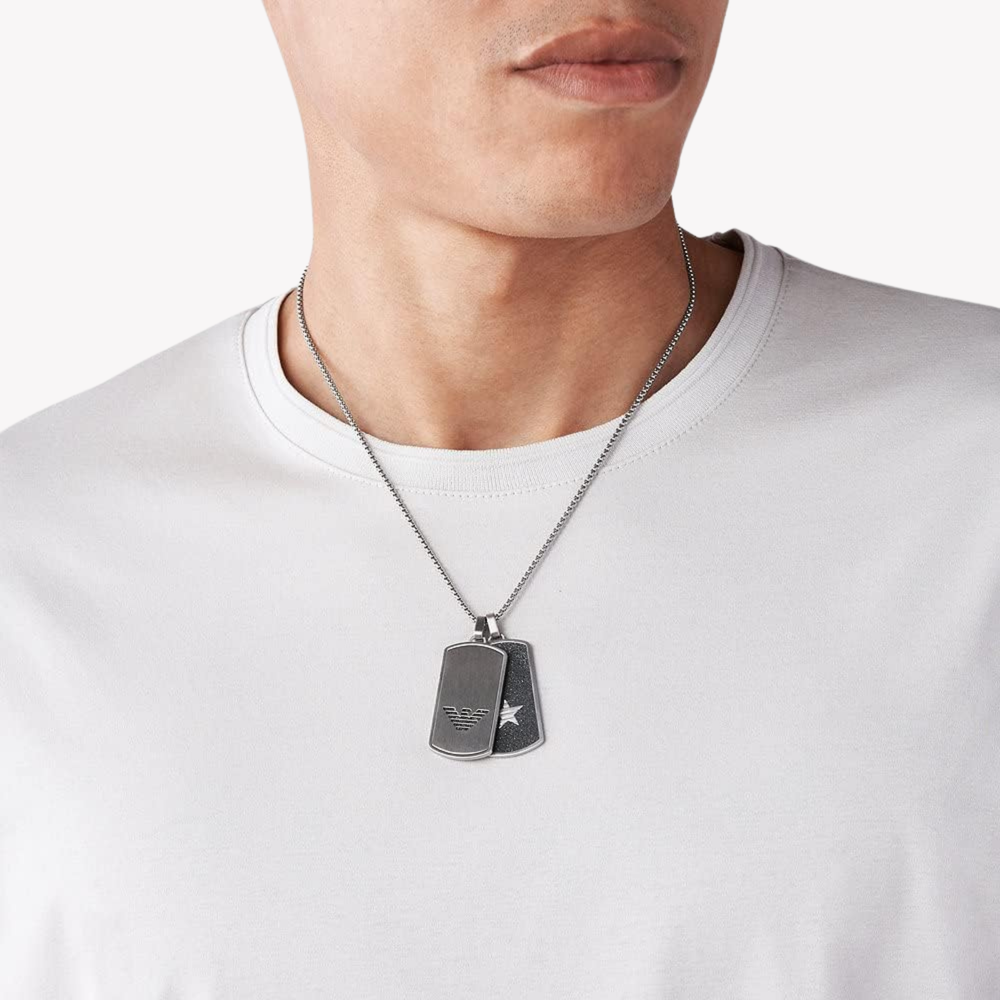 Emporio Armani Men's Silver Necklace, Dog Tag Eagle Logo | EGS2675040