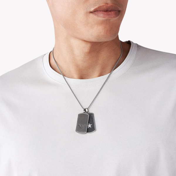 Emporio Armani Men's Silver Necklace, Dog Tag Eagle Logo | EGS2675040