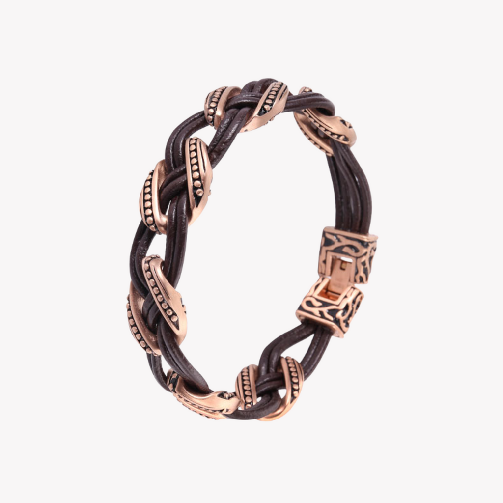 Zink Men's Brown & Rose Gold Leather & Stainless Steel Bracelet | Zjbc038108