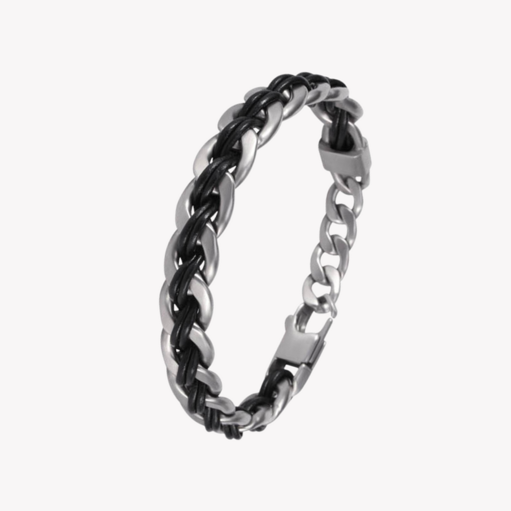 Zink Men's Silver & Black Stainless Steel & Leather Bracelet | Zjbc008slb-L