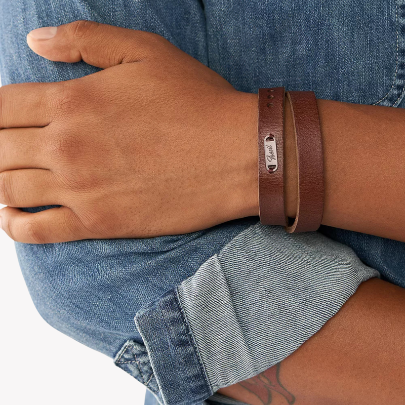 Fossil Jewels Men's Brown Bracelet, Double Wrap Leather Strap | JF04127200