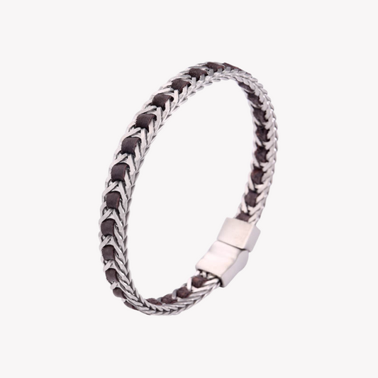 Zink Men's Silver & Brown Bracelet | Stainless Steel & Leather | Zjbc03710