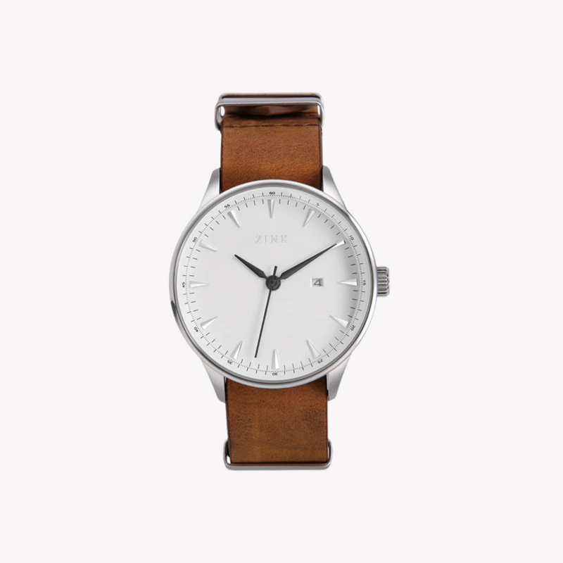 Zink Men's Silver Stainless Steel Watch With Brown Leather Band | Zk127g1ls-12 by i-watch