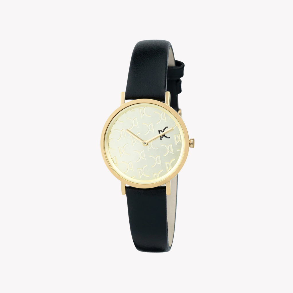 Montre femme PIERRE CARDIN avec boîtier en acier inoxydable doré et bracelet en cuir noir