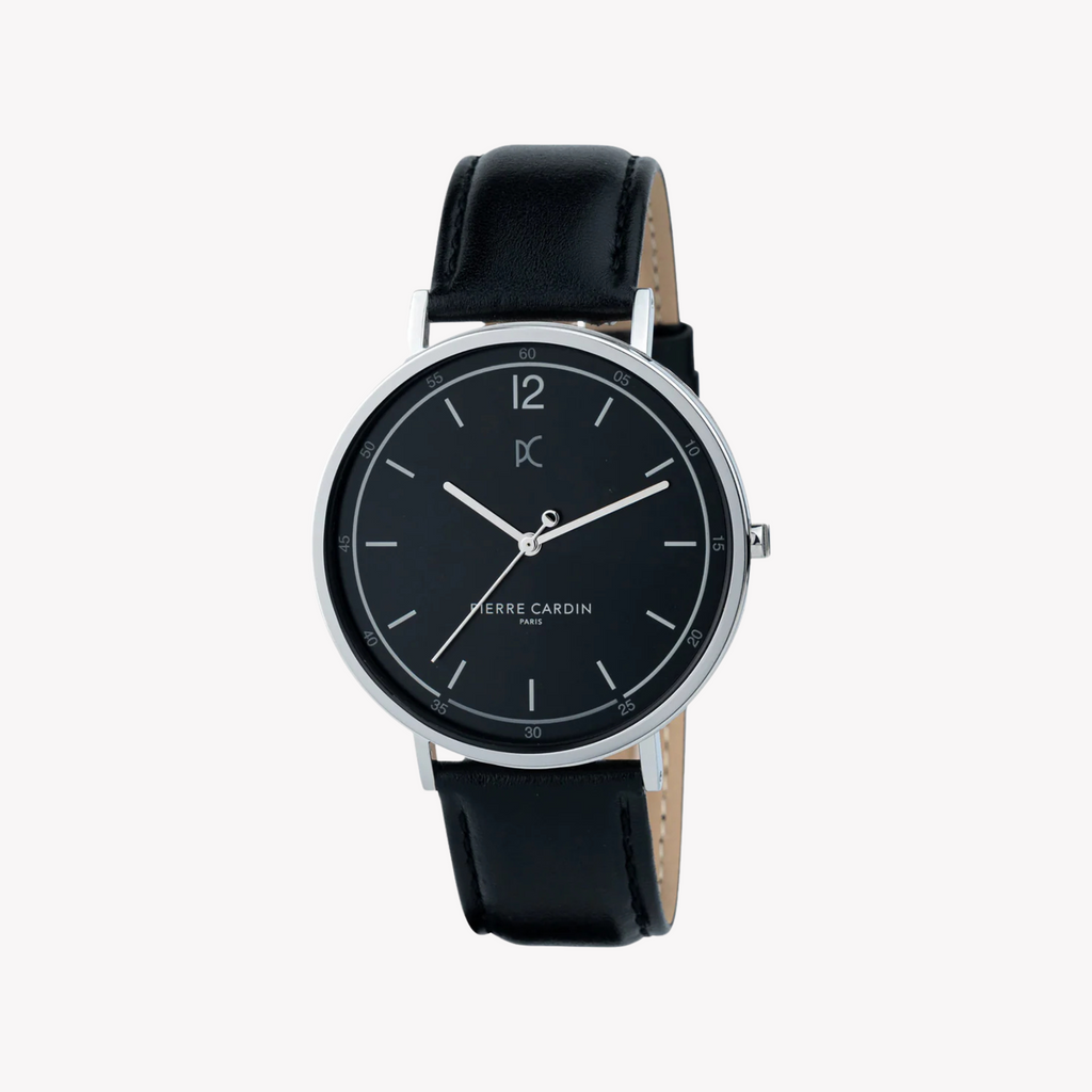 Pierre Cardin Men's Silver Stainless Steel, Black Leather | Cbn.3003