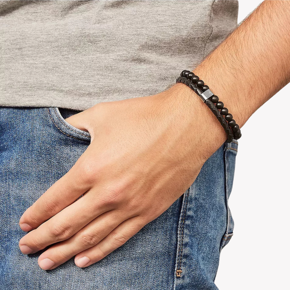 Fossil Men's Black & Silver Bracelet, Beaded Multi-Strand | JF02763040